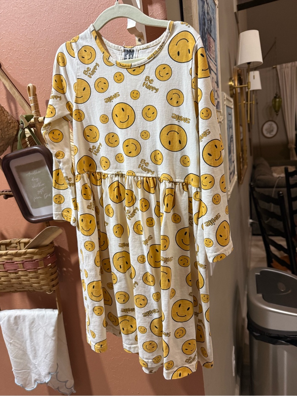Girls' Yellow Smiley Print Long Sleeve Casual Dress